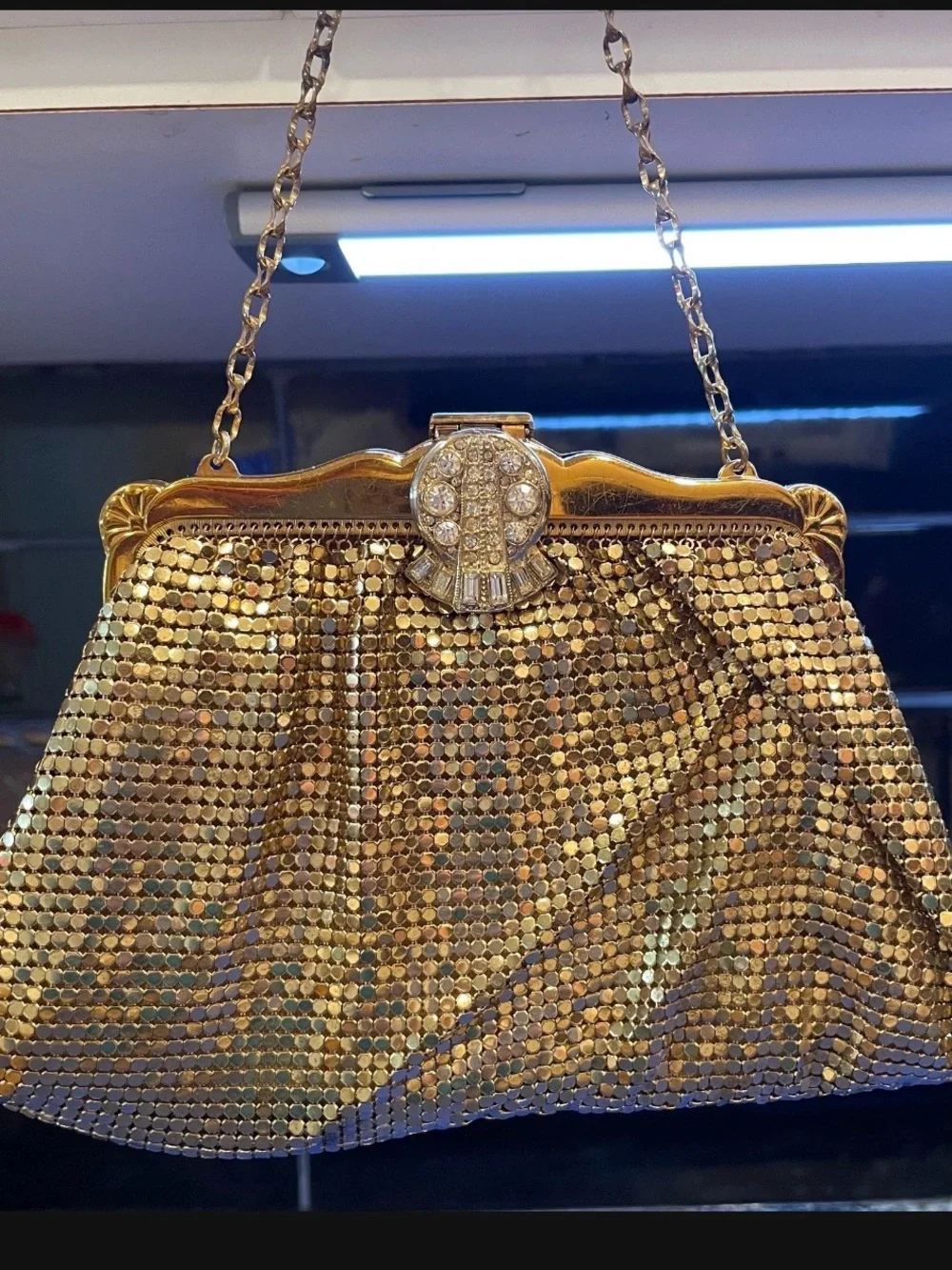 Antique beautiful gold mesh and jeweled evening bag with chain handle